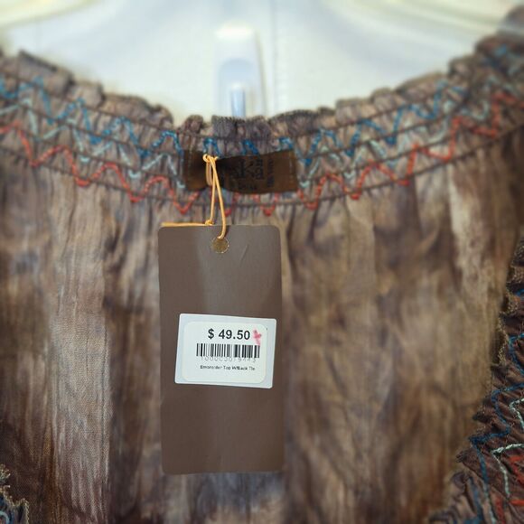 TresKa Boho Mocha Embroidery Top w/Back Tie & Tassels One Size NWT  Cottage Core - Picture 3 of 15